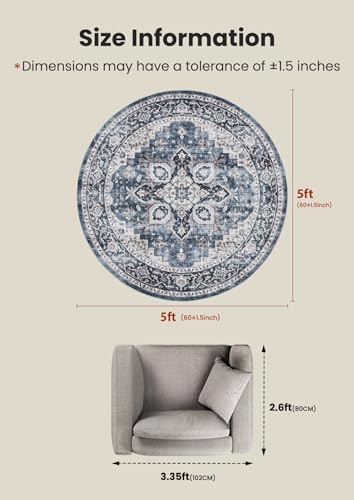 AMADA HOMEFURNISHING Round 5ft Area Rugs, Low-Profile Washable Rug with Non-Slip Backing & Durable Edge Binding, Vintage Rugs for Living Room, Bedroom, Dinning Room - color: Blue, size: 5' (Round)