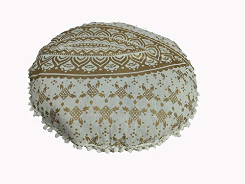 24" Gold Mandala Barmeri Large Floor Pillow Cover Cushion Meditation Seating Ottoman Throw Cover Hippie Decorative Zipped Bohemian Pouf Ottoman Poufs, Pom Pom Pillow Cases (White Gold, 24" Round) - color: White Gold, size: 24" Round