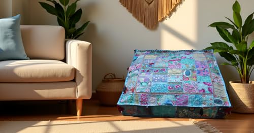 CRAFT KALA Indian Square Patchwork Traditional Pouf Cover Indian Living Room Poufs Decorative Embroidered Designer Ottoman Home Living Footstool Chair Cover Decor Pillow Cover 35 inches, Sky Blue - color: Sky Blue, size: 35"D x 35"W x 5"H