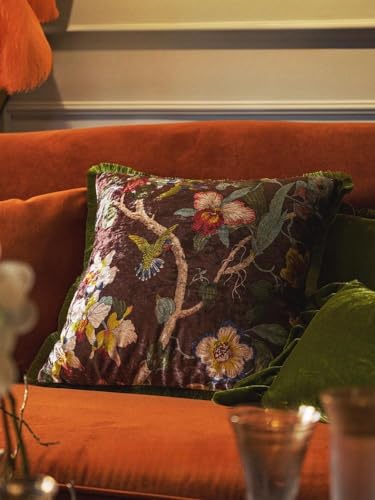 GUMAS Original Luxurious Floral and Bird Print Velvet Throw Pillow, Cushion Cover with Vintage Chinese Style Design (1, Brown Cover) - color: Brown Cover