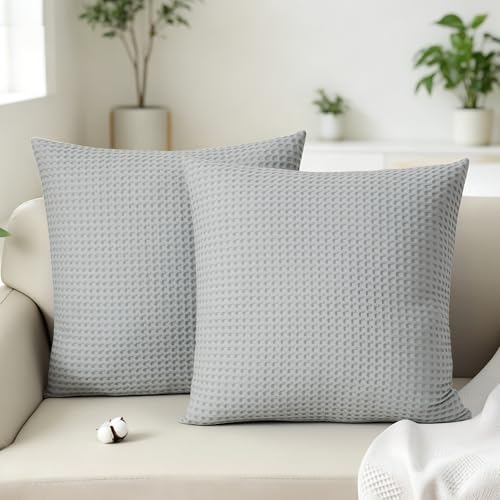 Shunjie.Home 100% Cotton Waffle Weave Throw Pillow Covers Set of 2, 600TC Solid Reverse Side, Hidden Zipper Closure, Skin-Friendly & Durable Decorative Euro Shams for Couch Sofa Bed, Gray, 26"x26" - color: Gray, size: 26" x 26" (Pack of 2)