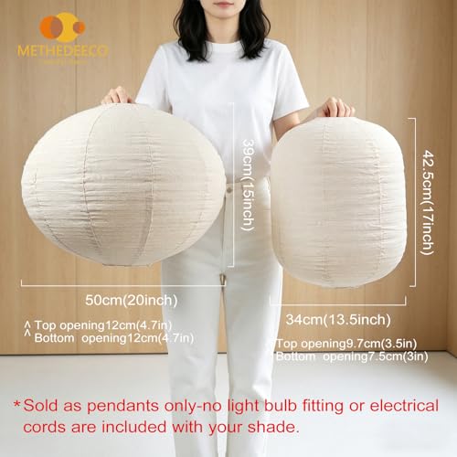 METHEDEECO 2-Piece Hanging Lamp Shade Set, 1 Oval 20x15 in + 1 Cylinder 13.5x17 in, Faux Linen Fabric Pendant Light Shades, Foldable Minimalist Pendant Lantern Shades, Nature Beige, Shades Only