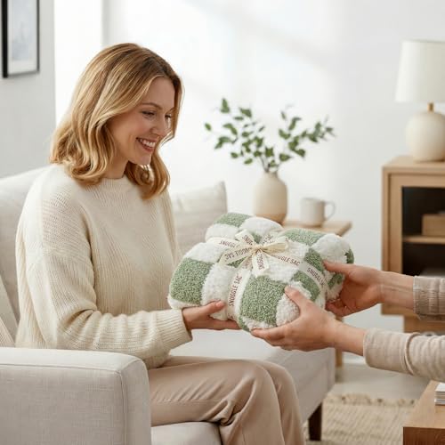 Snuggle Sac Sage Green Checkered Throw Blanket Faux Fur Knitted with Microfiber Yarn, Cozy Soft Warm Spring Blankets for Couch,Sofa,Bedroom,Sage Green Checker,50x60 inches - color: Green White, size: Throw(50"x60")
