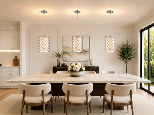 Shrine Lighting Drum Light Fixtures, Perfect Drum Pendant Light for Dining Room, Kitchen, D7'' x H9'', Adjustable Rob 11.8''~23.6'', E26*1 Sockets, Beige Linen Fabric Lampshade & Silver Mesh Cover - color: Silver&Pendant D7''