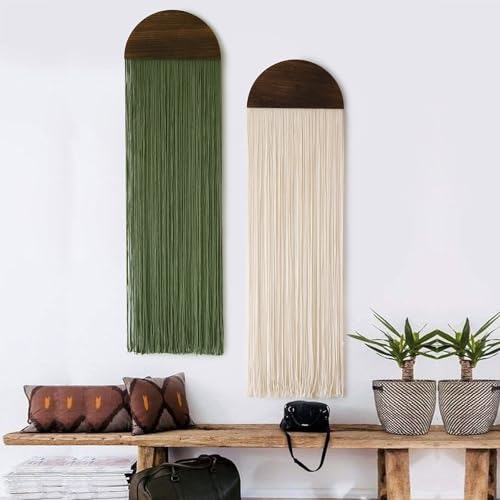 Flber 2 Pcs Macrame Wall Hanging Boho Decor Wall Tapestry Handmade Round Tassel 13.7" W x 51" L For Living Room Bedroom Headboard Decor - color: Ivory and Green