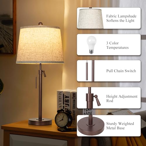 Table Lamps Set of 2, 22" to 30"Adjustable Height Bedside Lamps for Living Room 3 Color Temperatures Tall Nightstand Lamps Modern Brown Table Lamp for Bedroom Office End Table (Bulbs Included) - color: Brown+Beige Shade Set of 2