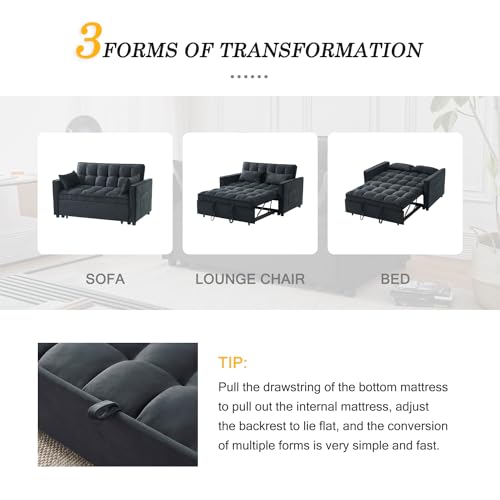 Futon Sofa Bed,Modern 3 in 1 Convertible Sleeper Sofa, Pull Out Couch Bed with Adjustable Backrest, Storage Pockets and Toss Pillows for Living Room, Bedroom (Black) - color: Black