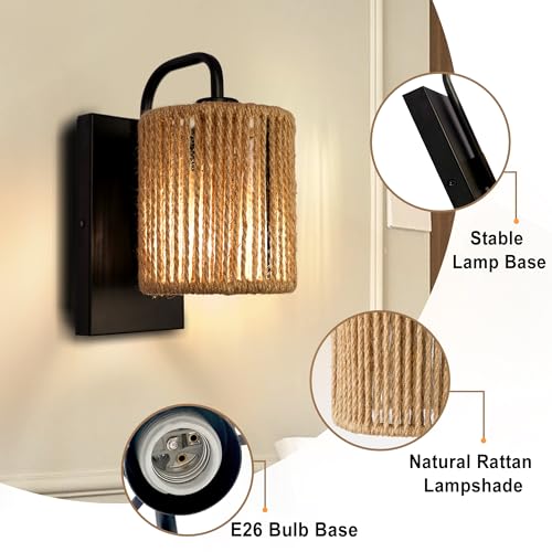 Boho Wall Sconce, Rattan Wall Light Fixtures with Hemp Rope Sconces for Living Room Bathroom Hallway Rustic Bohemian Modern Woven Scocne E26 10inch - color: Woven Rattan Style