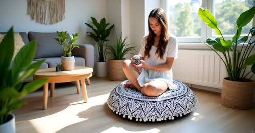 Round Mandala Floor Pillow Cover Seating Cushion Throw Cover Hippie Decorative Bohemian Ottoman Pouf Cover, Pom Pom Pillow Cases,Boho Indian 22 Inches (Black Flower) - color: Black Flower