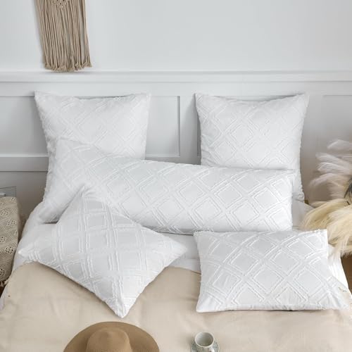Square Pillow Shams 2 Pack, Square Size Pillowcases, Soft Microfiber Geometric Tufted Pillow Covers with Envelope Closure, White, 26x26 Inches (No Insert) - color: White-grid, size: Square(26*26)
