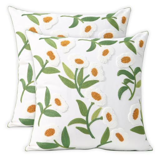 Pack of 2 Embroidered Decorative Throw Pillow Cover 18x18 Inch Farmhouse Floral Pillowcase for Living Room Sofa Bed (White Glass Flower) - color: White Glass Flower