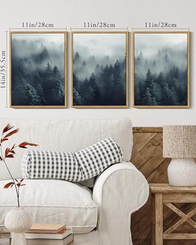 KUVIOKE Blue Fog Pine Tree Framed Wall Art Nature Nordic Forests Artwork Morden Painting Home Decor 11x14in (Natural Framed) - color: Blue Forest, size: 11 x 14in x 3 Panels Natural