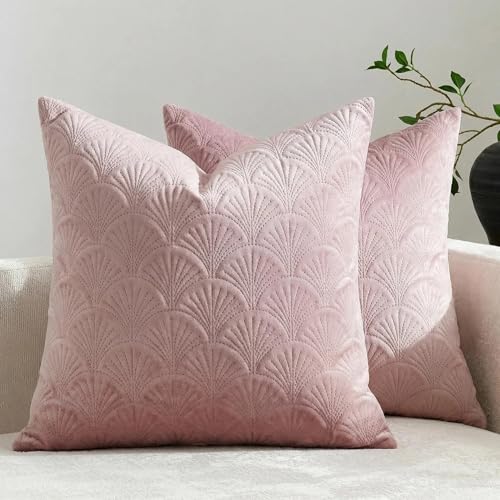 Mantle & Mason Modern Scandi Cushion Covers Leaf Pattern Throw Pillow Covers 18x18 inch Set of 2 Soft Velvet Embossing Decorative Pillow Covers for Couch Sofa Bed Chair Living Room Home Decor Pink - color: Leaf Pink, size: 18" x 18" (Pack of 2)