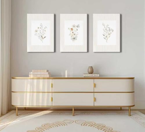 3Psc Striped Floral Canvas Wall Art Neutral Minimalist Flower Painting Picture Wall Decor Boho Vintage Wildflower Poster Print Artwork for Living Room Bathroom Home Decoration12x16 Inch - color: White retro flowers, size: 24"L x 16"W