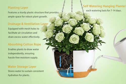 Hanging Planters, 3-Pack 10 Inch Self-Watering Pots with Drainage Holes and Chains, Matte Plastic Planters for Indoor/Outdoor Plant（White Brown） - color: White Brown, size: 10 inches
