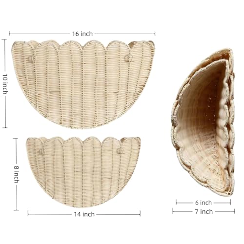 Scalloped Wall Basket,Hand Woven Hanging Wicker Wall Baskets Set, 16 x 10 x 7 & 14 x 8 x 6 Inch Scalloped Rattan Wall Basket Decor for Home,Bathroom,Living Room Organizing