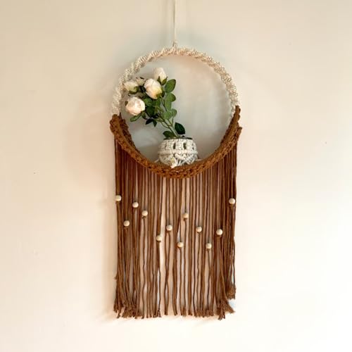 SlenyuBridal Brown Macrame Wall Hanging, Art Woven Boho Home Decor, Wall Pendent Weaving Dried Flower Decorative Net Bag, Beautiful Wall Art for Apartment, Dorm Room Decoration