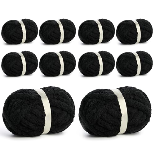10 Pack Jumbo Chenille Yarn for Crocheting, #10 Super Bulky Baby Soft Yarn for Hand Knitting, 220 yds /70.5 oz Fluffy Chunky Knit Throw Blanket Yarn (Black) - color: Black