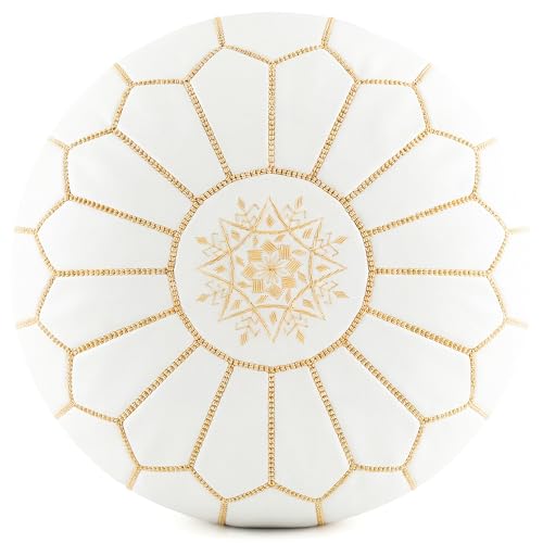 Marrakesh Gallery Genuine Leather Round Pouf Unstuffed - Moroccan Ottoman Footstool, Footrest Cover - Boho Decor - Bohemian Living Room, Bedroom, Kids Room, Gift & Wedding - color: White By Musk
