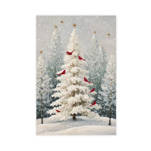 JDBeehpy Snowy Christmas Tree Wall Art Red Birds Frameless Canvas Print Poster Peaceful Winter Home Decor Painting Livingroom Fireplace Mural 12x18inch(30x45cm) - color: Christmas Tree Unframe, size: 18L" x 12W"