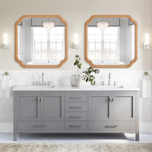 Ferytane Square Natural Wood Mirror 24X24 Inch,Wood Mirror for Bathroom Over Sink Rounded Corner Wooden Framed Mirror for Vanity, Entryway, Living Room Farmhouse, Tempered Glass (Natural Beech Wood) - color: Natural Wood, size: 24"L x 24"W