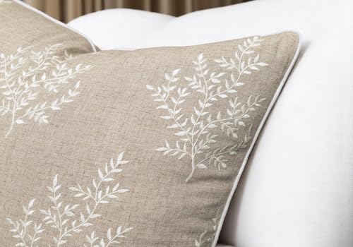 VAGMINE Embroidered Fern Botanical 18x18 Throw Pillow Cover - Natural Linen Square Cushion for Sofa Couch Bed - Cottagecore Farmhouse Home Decor - Leaves - color: Natural-leaves, size: 18" x 18" (Pack of 1)