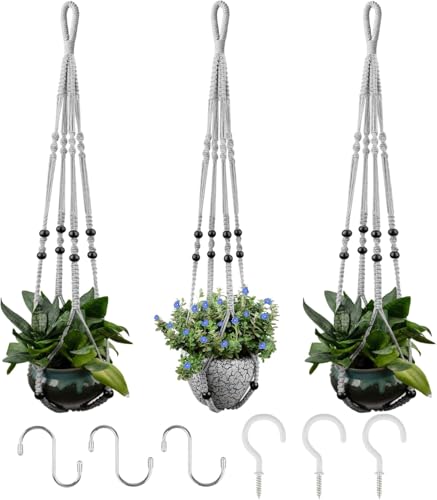 RIFNY Macrame Plant Hanger for 5 to 10 Inch Plant Pots, 35 Inch Indoor Handmade Woven Rope Hanger Kits with Hooks and Wood Beads, Hanging Planter Basket Holder for Boho Home Decor (Grey, 3 Pack) - color: Gray, size: 35 Inch 3 Pack