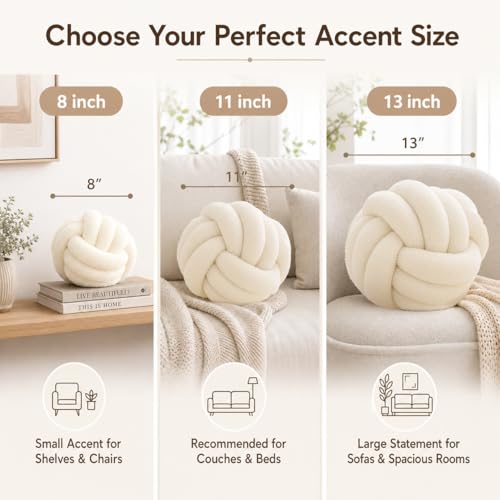 Petrella Ivory White Knot Pillow Ball, Handmade Soft Round Throw Pillow for Chair, Couch and Cozy Room Decor, Small Decorative Pillows, Lambswool Knotted Accent Cushion, 8 Inch - color: White, size: 8inch