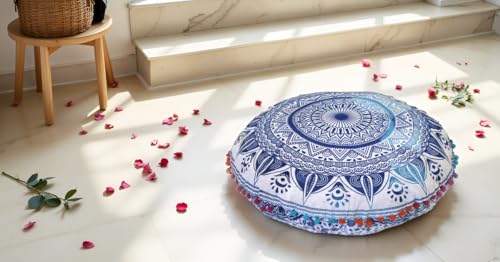 Round Mandala Floor Pillow Cover Seating Cushion Throw Cover Hippie Decorative Bohemian Ottoman Pouf Cover, Pom Pom Pillow Cases,Boho Indian 22 Inches (White and Blue) - color: White and Blue