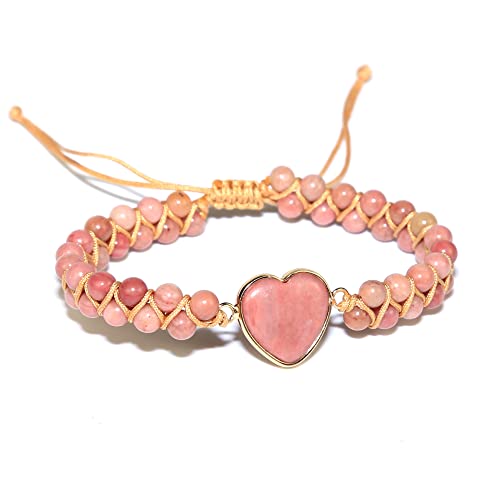 Women Boho Wrap Bracelet,Handmade Natural Stone Crystal Emperor Beads Heart Bracelet, Fashion Bohemian Jewelry Gift for Women - color: Rhodochrosite #2