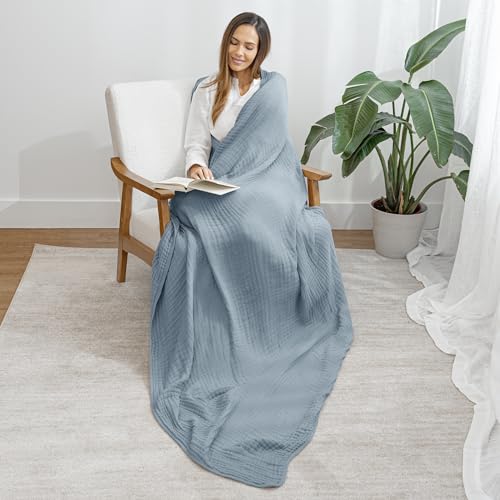 Comfy Cubs Muslin Throw Blanket - 50” x 60” Quilted Design - Lightweight, Breathable 6-Layer Gauze Fabric - Soft Cotton Blanket for Home or Travel - Packaged in Elegant Gift Box - Pacific Blue - color: Pacific Blue, size: Throw - 50" X 60"