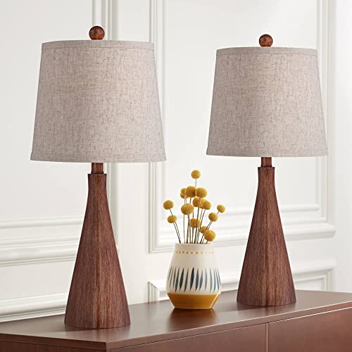 360 Lighting Fraiser 23 1/2" High Cone Small Mid Century Modern Accent Table Lamps Set of 2 Brown Wood Finish Cottage Core Living Room Bedroom Bedside Nightstand House Office Home Oatmeal Shade