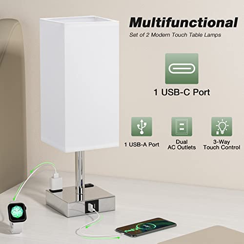 aooshine Set of 2 Touch Nightstand Lamp with USB-C+A Charge Ports& AC Outlets, 3-Way Dimmable Bedside Lamp with White Fabric Shade,Small Table Lamp for Bedroom Guest Room(Bulb Included) - color: White-Silver
