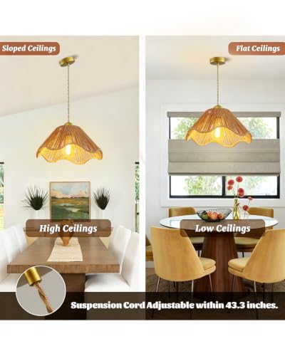 Mini Rattan Pendant Lights, 11.8″ Kitchen Island Pendant Lights with Flower Shade, Boho Handwoven Rope Woven Chandelier for Living Room Dining Room Bedroom Wicker Adjustable Height Hanging Lamp - color: 11.81″-Flower-shape