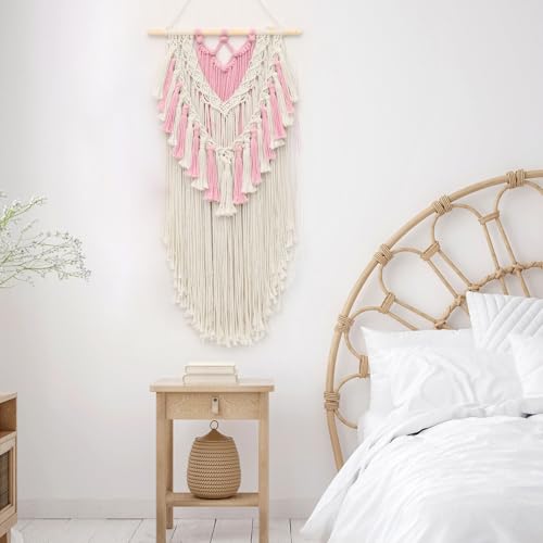 LB Pink Macrame Wall Hanging, Handmade Woven Tapestry Wall Hanging Modern Pink and Beige Wall Decor for Living Room Bohemian Macrame Wall Art for Office Apartment Bedroom Backdrop,15.7" W x 30.7" L - color: Beige