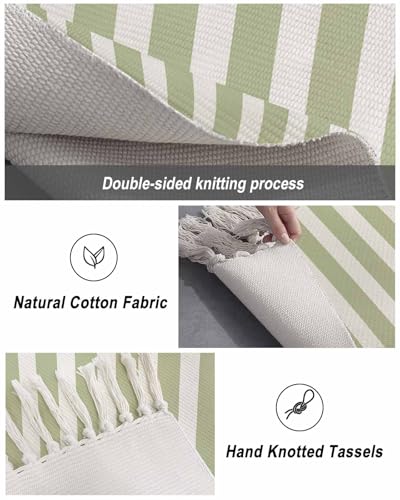Sage Green Stripes Kitchen Runner Rug 2'x4', Washable Woven Cotton Area Rug with Tassels Bathroom Hallway Rug, Farmhouse White Simple Vertical Striped Entryway Bedroom Rug Non Slip Throw Rug Carpet - color: Sage Green, size: 2 x 4 ft