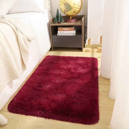 DETUM Small Rug 2x3 Fluffy Rugs for Bedroom Kicthen Entryway Hallyway Washable Non Slip Burgundy Rug, Plush Fuzzy Throw Rugs for Kids Girls Room Decor - color: Burgundy, size: 2 x 3 feet