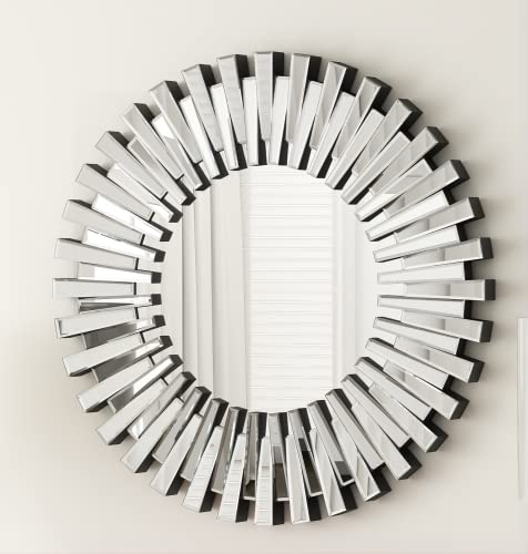 SHYFOY 24 inch Decorative Wall Mirrors, Round Mirror for Wall Decor, Sunburst Modern Silver Decor, Wall-Mounted Hanging Accents Mirror for Living Room Bathroom Bedroom Fireplace - size: 24"L x 24"W