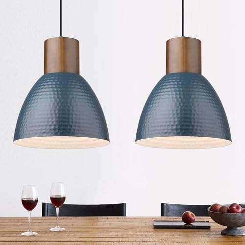 ELYONA 2 Pack Modern Hammered Pendant Lights 10.2” Blue Solid Wood Hanging Lamp, Adjustable Height, Industrial Metal Pendant Lighting for for Farmhouse, Kitchen Island, Dining Room,Bedroom,Bar,Office - color: Blue - 2 Pack