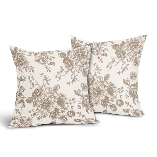 Vintage Floral Pillow Covers 18x18 Inch Set of 2 Tan and Cream Floral Throw Pillow Covers Chinoiserie Flower Pillowcases Rustic Farmhouse Cotton Linen Cushion Covers for Couch Bed Sofa Home Decor - color: Tan, size: 18" x 18" (Pack of 2)