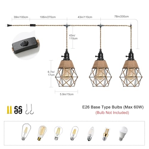 3-Light Hanging Light with Plug in Cord,Plug in Pendant Light 22ft Hemp Rope Pendant Lighting Vintage 3-Light Hanging Lamp Fixtures for Kitchen Island Living Room Bedroom - color: 3 Light Copper