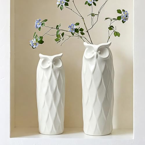 Owl Ceramic Vase Set of 2 for Living Room Bedroom 9.45'' and 8.27'' Modern White Fake Flower Plant Vases for Home Decor Office Table Shelf Fireplace Retro Rustic Farmhouse Vintage Classic Gift - color: White