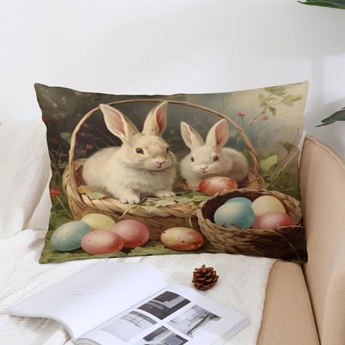 Throw Pillows for Couch Vintage Easter Bunnies Eggs Pillowcase Seasonal Spring Farmhouse Holiday Lumbar Pillow Case Cushion Decorations Supplies for Sofa Couch 12 "x20 - color: Pattern-6, size: 20" x 12" (Pack of 1)