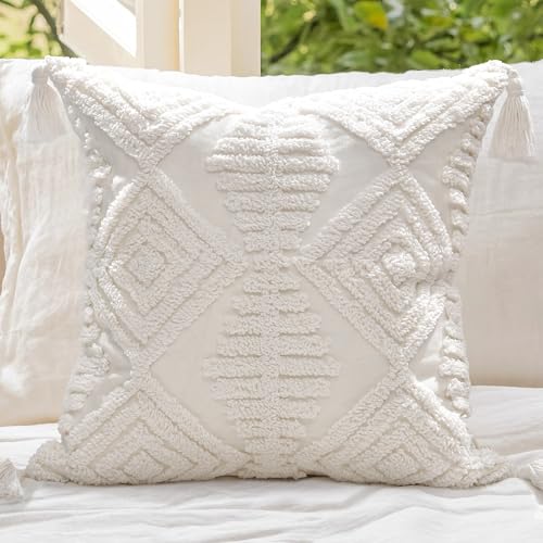 Boho Style Sofa Throw Pillow Covers – Exquisitely Crafted with Hand-Finished Tuft with Thick Cotton Tassel Details – Soft & Stylish Moroccan Decorative, 20x20inch (Spring Ruched) - color: Boho Cream, size: 20" x 20" (Pack of 1)