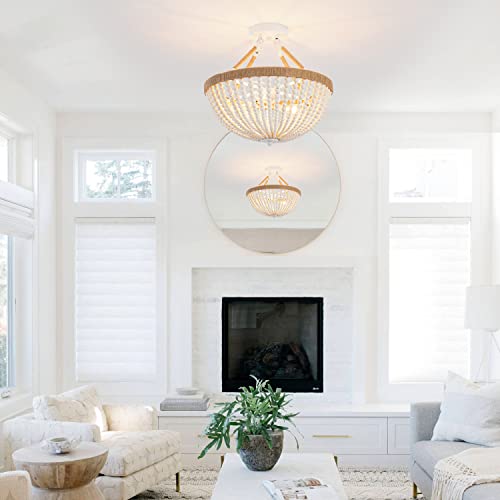 Wood Beaded Mini Chandelier Farmhouse Bohemia Semi Flush Mount Ceiling Light Rustic 3-Light Ceiling Lighting Fixtures for Bedroom Dining Nursery Room Girl Room Hallway, White, Dia 15 Inch