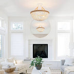 Wood Beaded Mini Chandelier Farmhouse Bohemia Semi Flush Mount Ceiling Light Rustic 3-Light Ceiling Lighting Fixtures for Bedroom Dining Nursery Room Girl Room Hallway, White, Dia 15 Inch
