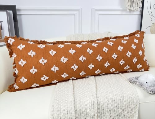 Boho Long Lumbar Pillow Cover 14x48 with Tassel Fringe,3D Flower Patterned Extra Decorative Long Lumbar Pillow Cover Case for Sofa Couch Bed Livingroom Farmhouse,Rust Red - color: Rust Red, size: 48" x 14" (Pack of 1)