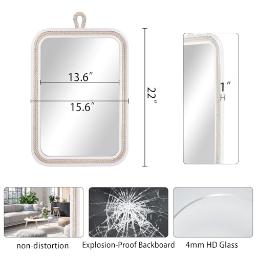 Nautical Rope Mirror Rectangle Wooden 22''Lx16''W White Decorative Mirror Farmhouse Hanging for Bathroom,Livingroom,Entryway-Beachy Coastal Wall Mirror Decor - size: 22"L x 16"W