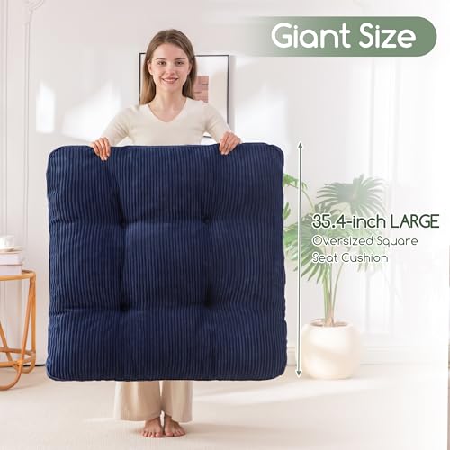 HIGOGOGO 35" Floor Pillow Cushion for Adults, Meditation Cushion Pillow, Extra Large Square Floor Sitting, Tufted Corduroy Cover for Tatami Living Room or Yoga, Navy - color: Navy, size: 4" Thick Square