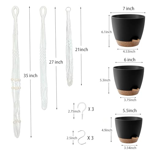 Hanging Planters with Macrame Plant Hangers for Indoor Outdoor Plants, 3 Set Hanging Baskets Flower Pots Holders 35''/27''/21'', Self-Watering Pots 7''/6''/5.5'', Boho Home Decor, Black - color: Black